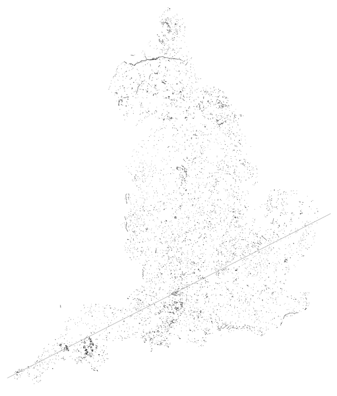 A map of English scheduled sites showing the St Michael 'ley' line as visualised by John Michell.